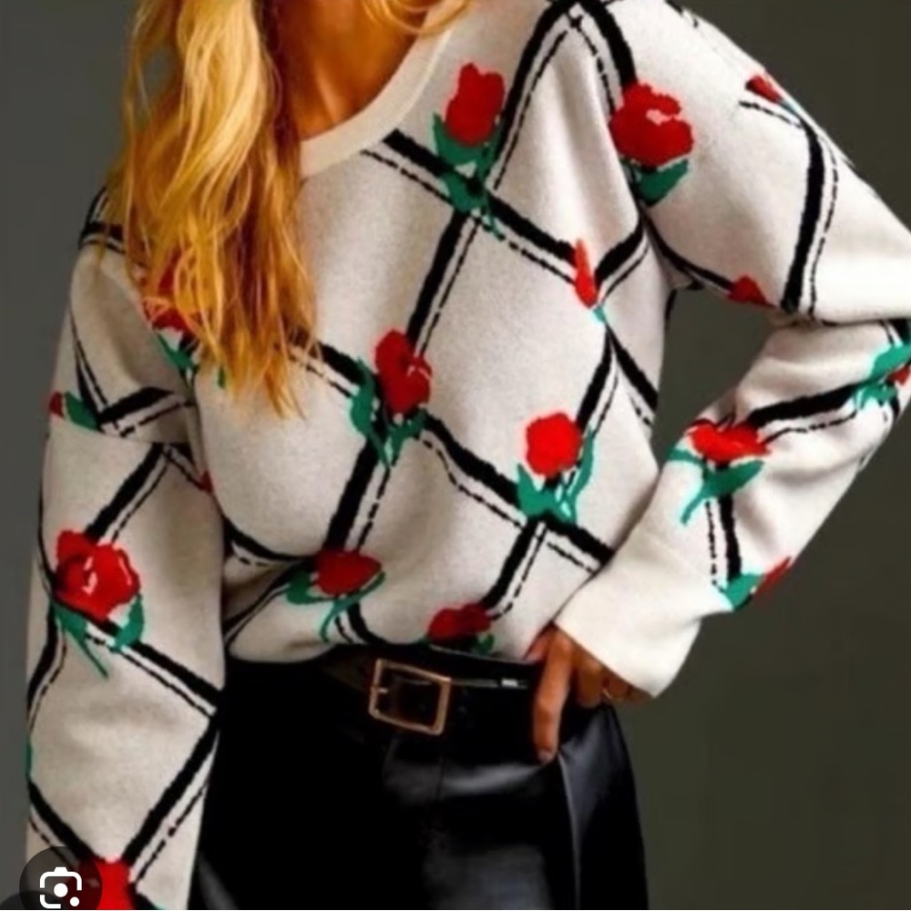 Anthropologie Floral Crew Neck Sweater - Black, Red, Cream